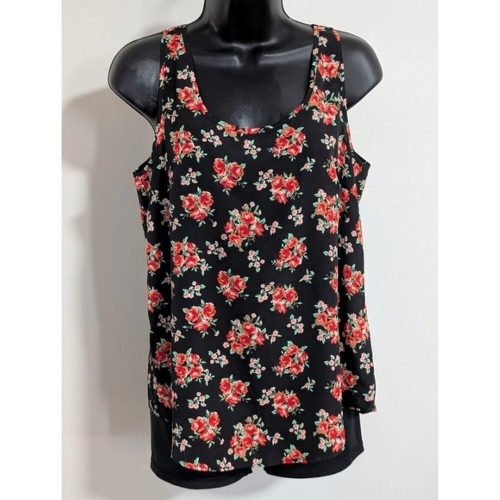 Faded‎ Glory Black & Floral Flowy Tank Top Summer Blouse Scoop Neck Small
